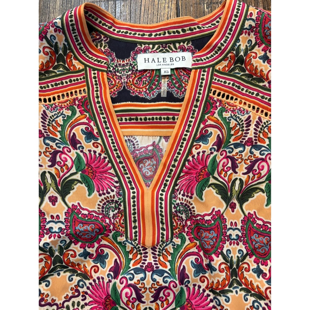 Hale Bob Lana Crochet Top Womens XS Orange Paisley Voluminous Sleeve - Picture 5 of 11